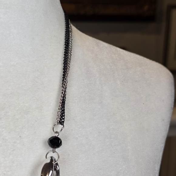 Chunky Silver & Black Lariat Necklace Multi-Chain Y-Style Tassel Statement - Picture 10 of 11